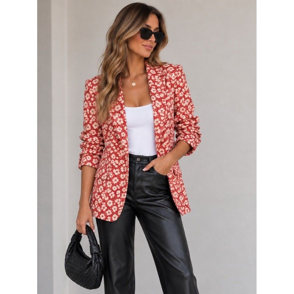 ODDI Floral Open Front Blazer Jacket Red White Pink Ruched 3/4 Sleeve Sz Small